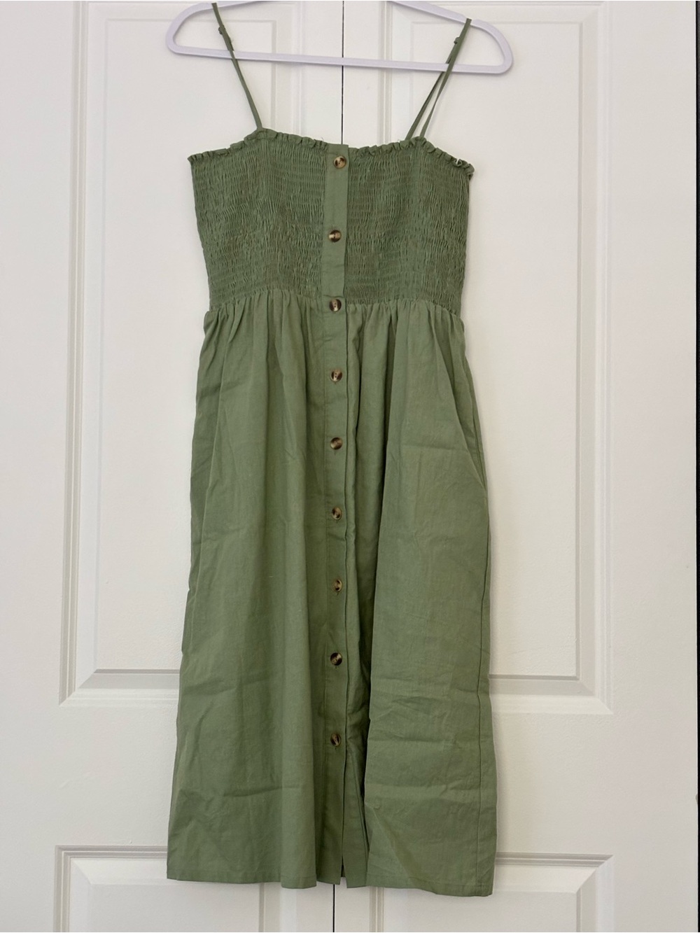 Lulu's Olive Green Smocked Button-Front Midi Dress